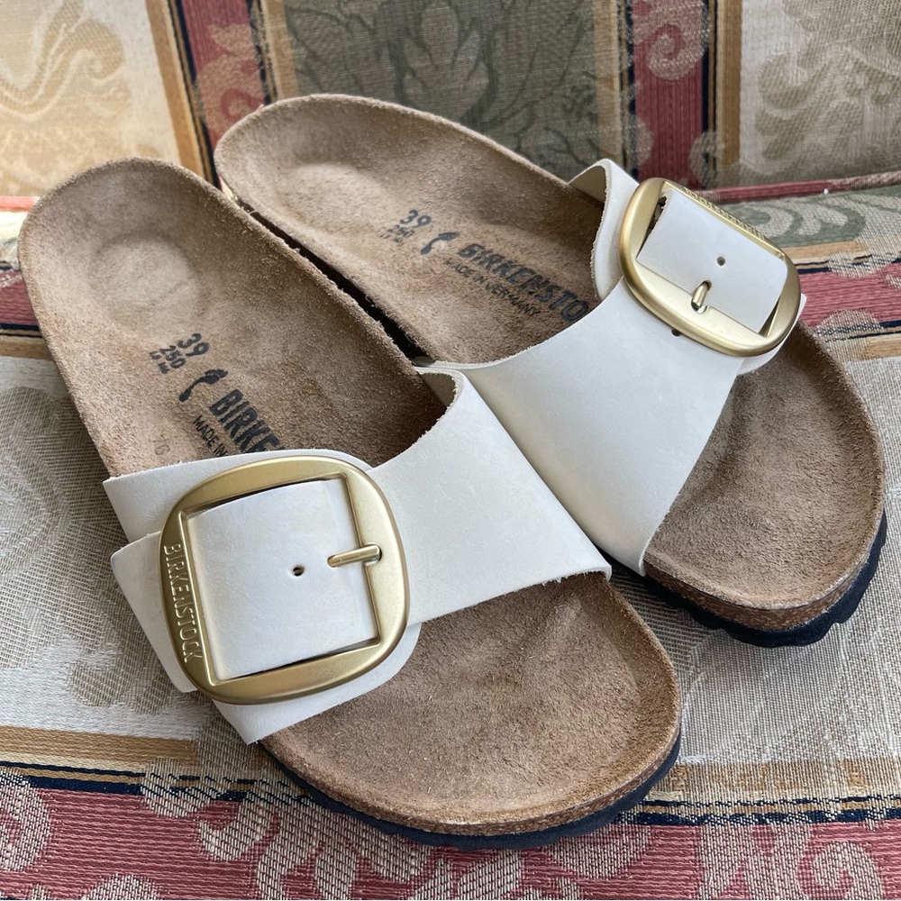 Birkenstock White Leather Buckle Sandals with Gold Buckles